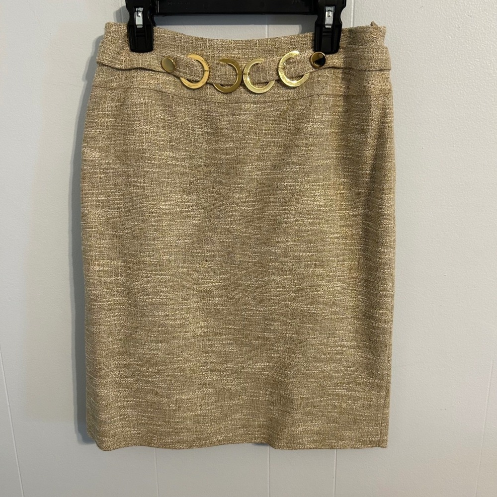 ANTONIO MELANI Gold Tweed Pencil Skirt‎ Statement Belt Detail Women Size 0